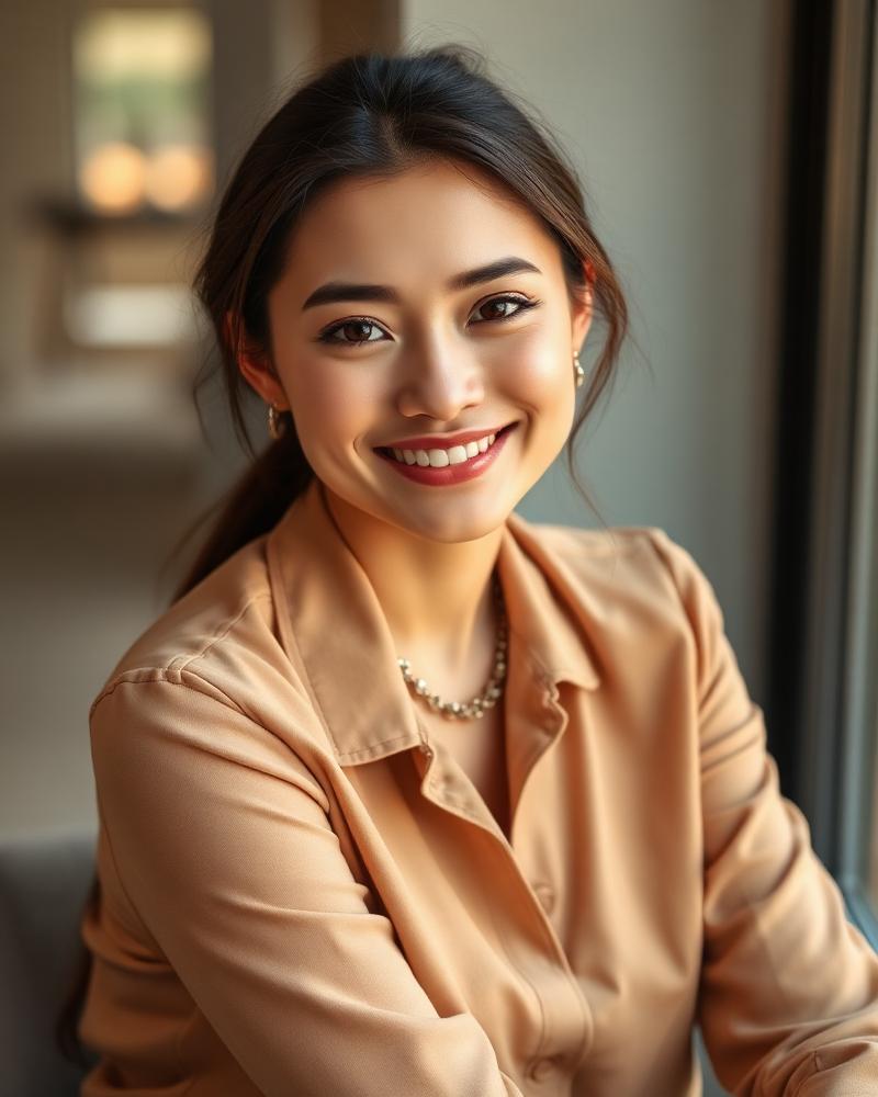 Student smiling during an online English lesson